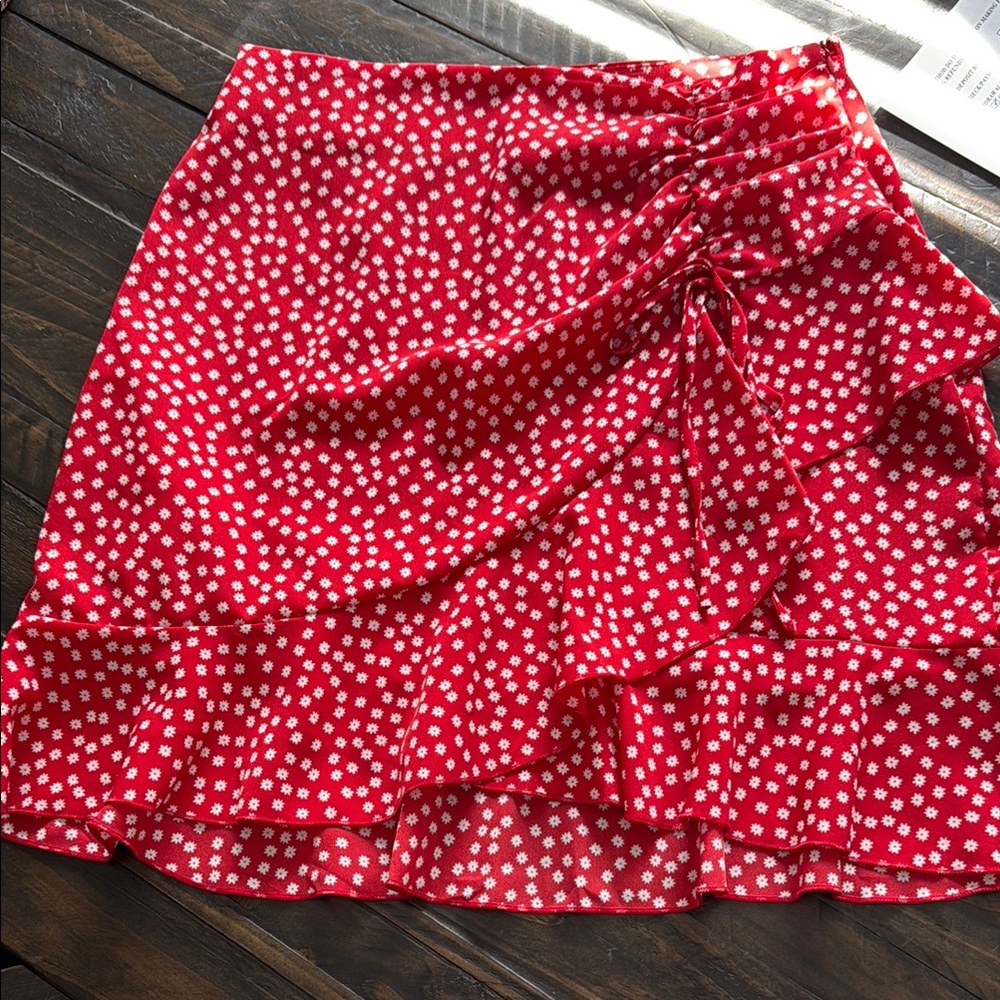 Red and White Ruched Wrap Mini Skirt